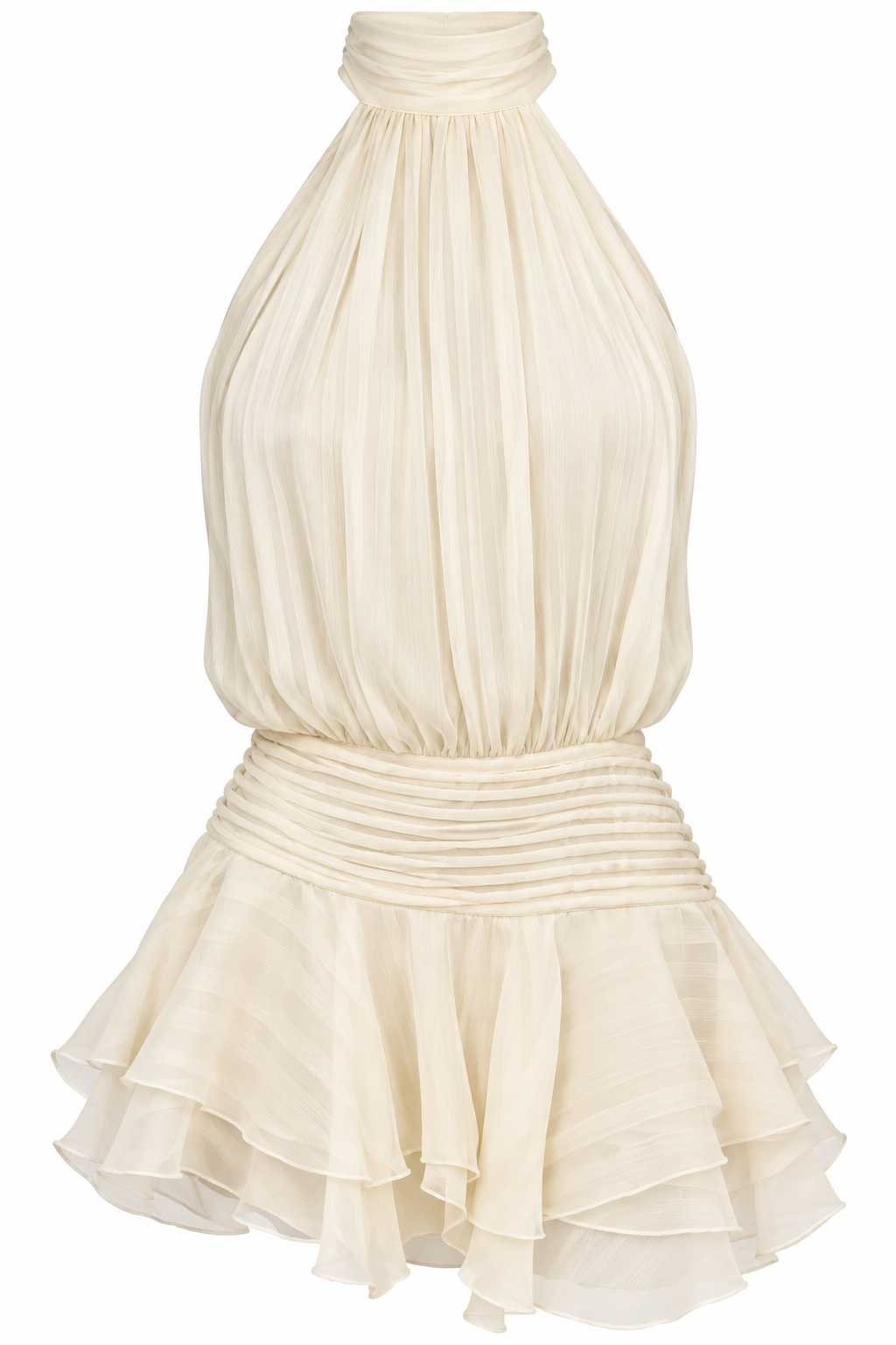 vestido color marfil tiene cuello halter alto, drapeado delicado, cintura fruncida y falda corta de olanes