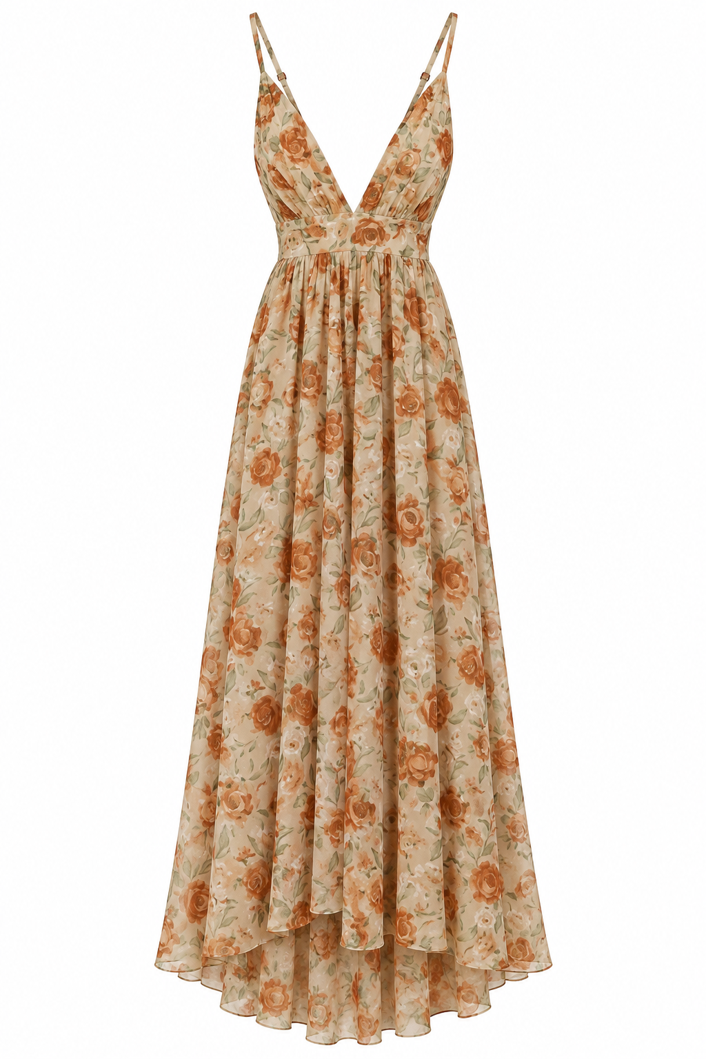vestido maxi floral en tonos beige con rosas terracota y hojas verdes